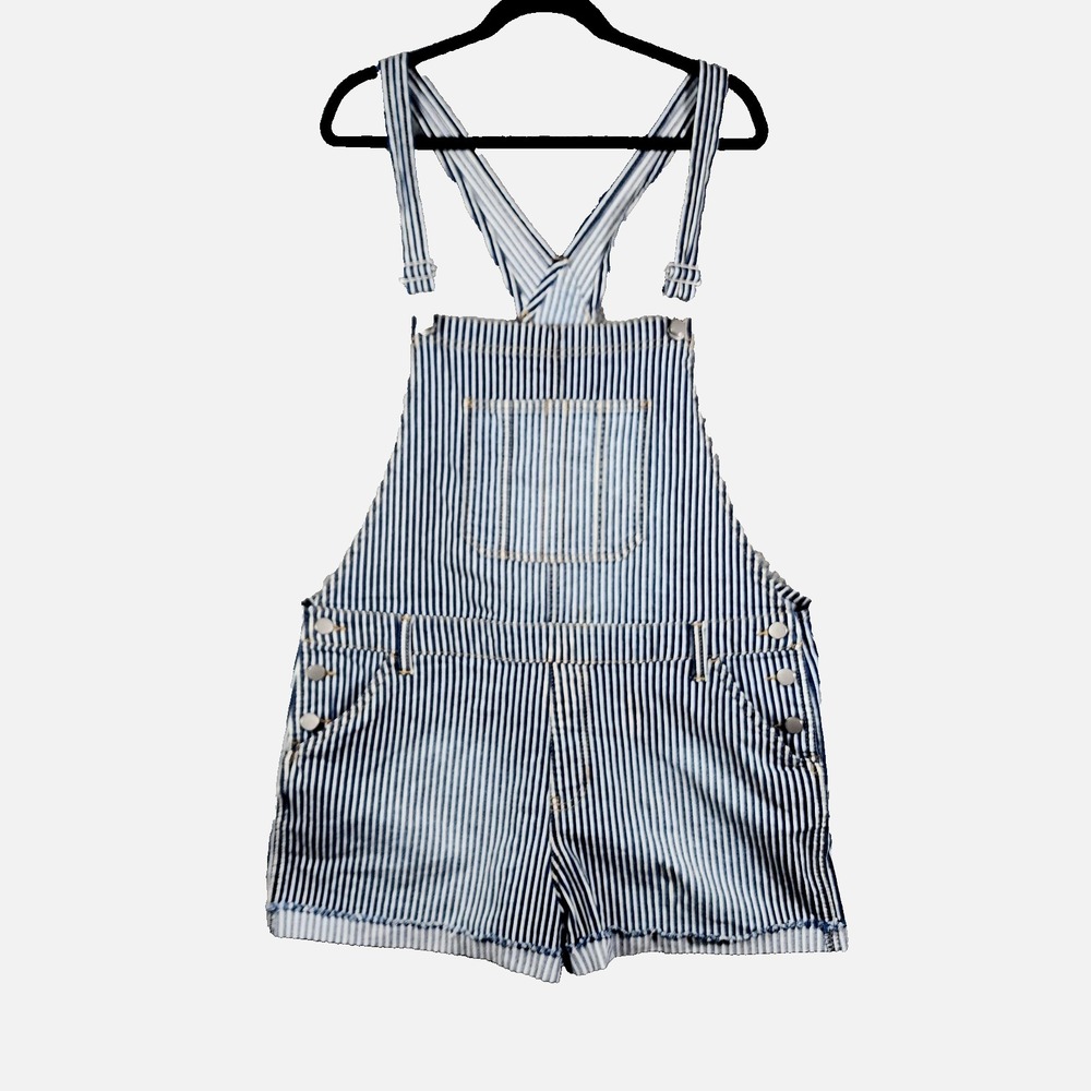 Shortalls Womens 2XL Blue White Striped Cotton Stretch Distressed Raw Hem Casual